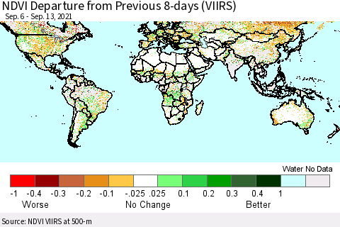 World NDVI Departure from Previous 8-days (VIIRS) Thematic Map For 9/6/2021 - 9/13/2021