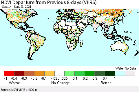 World NDVI Departure from Previous 8-days (VIIRS) Thematic Map For 9/14/2021 - 9/21/2021