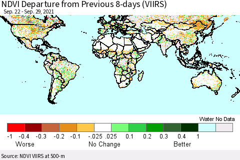 World NDVI Departure from Previous 8-days (VIIRS) Thematic Map For 9/22/2021 - 9/29/2021