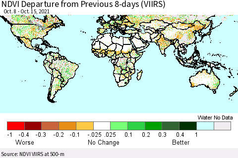 World NDVI Departure from Previous 8-days (VIIRS) Thematic Map For 10/8/2021 - 10/15/2021