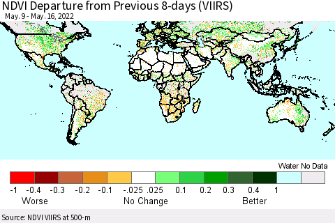World NDVI Departure from Previous 8-days (VIIRS) Thematic Map For 5/9/2022 - 5/16/2022