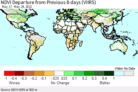 World NDVI Departure from Previous 8-days (VIIRS) Thematic Map For 5/17/2022 - 5/24/2022