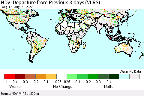 World NDVI Departure from Previous 8-days (VIIRS) Thematic Map For 8/13/2022 - 8/20/2022