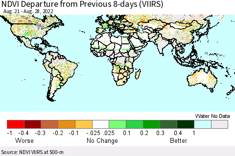 World NDVI Departure from Previous 8-days (VIIRS) Thematic Map For 8/21/2022 - 8/28/2022