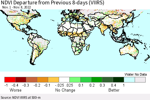 World NDVI Departure from Previous 8-days (VIIRS) Thematic Map For 11/1/2022 - 11/8/2022