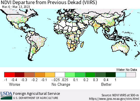 World NDVI Departure from Previous Dekad (VIIRS) Thematic Map For 3/11/2023 - 3/20/2023