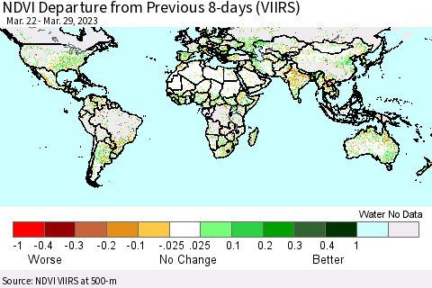 World NDVI Departure from Previous 8-days (VIIRS) Thematic Map For 3/22/2023 - 3/29/2023
