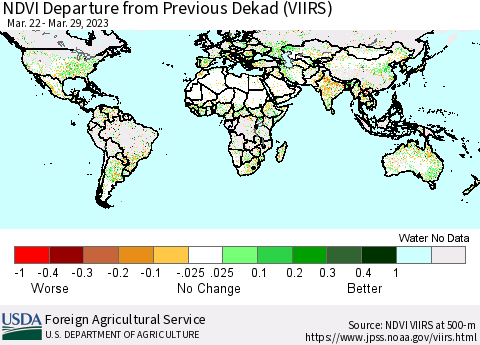 World NDVI Departure from Previous Dekad (VIIRS) Thematic Map For 3/21/2023 - 3/31/2023