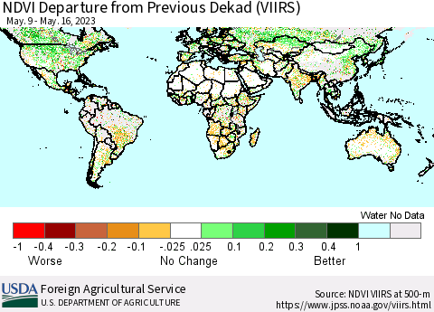 World NDVI Departure from Previous Dekad (VIIRS) Thematic Map For 5/11/2023 - 5/20/2023
