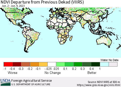 World NDVI Departure from Previous Dekad (VIIRS) Thematic Map For 6/1/2023 - 6/10/2023
