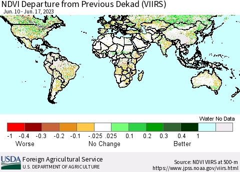 World NDVI Departure from Previous Dekad (VIIRS) Thematic Map For 6/11/2023 - 6/20/2023