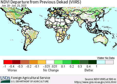 World NDVI Departure from Previous Dekad (VIIRS) Thematic Map For 6/21/2023 - 6/30/2023