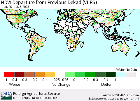 World NDVI Departure from Previous Dekad (VIIRS) Thematic Map For 7/1/2023 - 7/10/2023