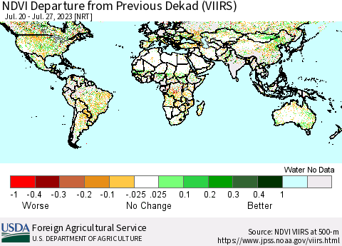 World NDVI Departure from Previous Dekad (VIIRS) Thematic Map For 7/21/2023 - 7/31/2023