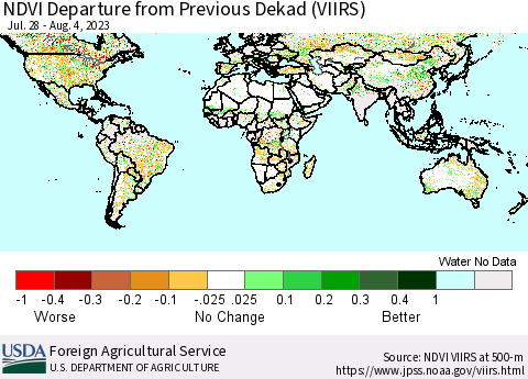 World NDVI Departure from Previous Dekad (VIIRS) Thematic Map For 8/1/2023 - 8/10/2023