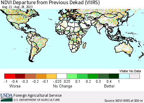 World NDVI Departure from Previous Dekad (VIIRS) Thematic Map For 8/21/2023 - 8/31/2023