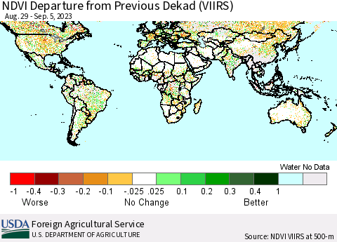 World NDVI Departure from Previous Dekad (VIIRS) Thematic Map For 9/1/2023 - 9/10/2023