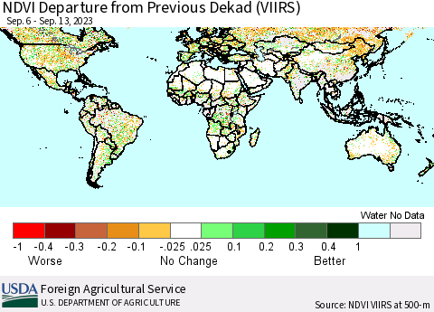 World NDVI Departure from Previous Dekad (VIIRS) Thematic Map For 9/11/2023 - 9/20/2023