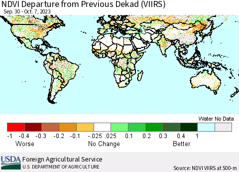 World NDVI Departure from Previous Dekad (VIIRS) Thematic Map For 10/1/2023 - 10/10/2023