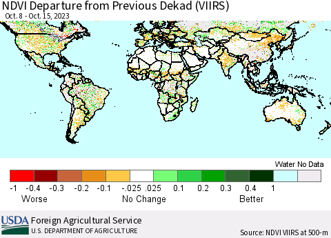 World NDVI Departure from Previous Dekad (VIIRS) Thematic Map For 10/11/2023 - 10/20/2023