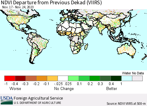 World NDVI Departure from Previous Dekad (VIIRS) Thematic Map For 11/21/2023 - 11/30/2023