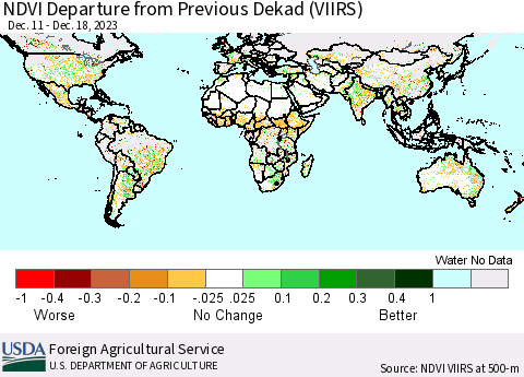 World NDVI Departure from Previous Dekad (VIIRS) Thematic Map For 12/11/2023 - 12/20/2023