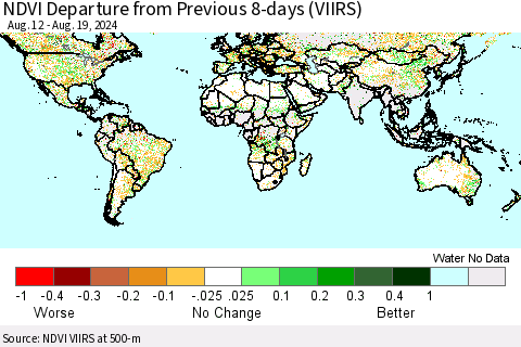 World NDVI Departure from Previous 8-days (VIIRS) Thematic Map For 8/12/2024 - 8/19/2024