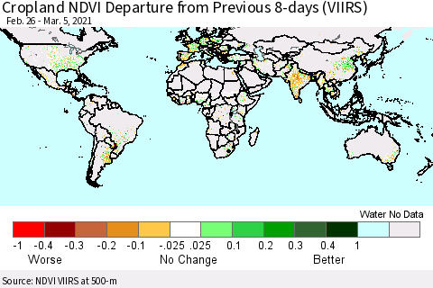World Cropland NDVI Departure from Previous 8-days (VIIRS) Thematic Map For 2/26/2021 - 3/5/2021