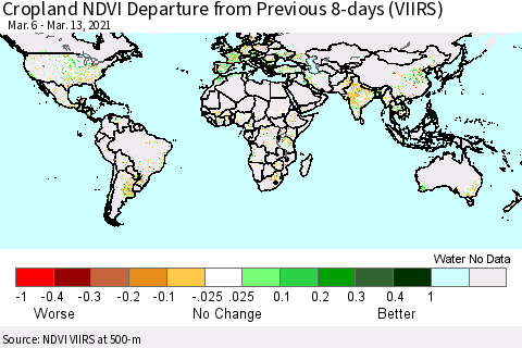 World Cropland NDVI Departure from Previous 8-days (VIIRS) Thematic Map For 3/6/2021 - 3/13/2021