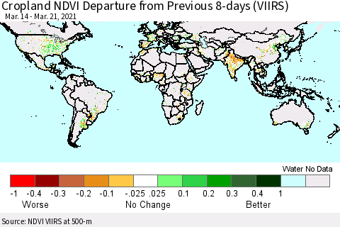 World Cropland NDVI Departure from Previous 8-days (VIIRS) Thematic Map For 3/14/2021 - 3/21/2021