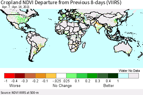 World Cropland NDVI Departure from Previous 8-days (VIIRS) Thematic Map For 4/7/2021 - 4/14/2021