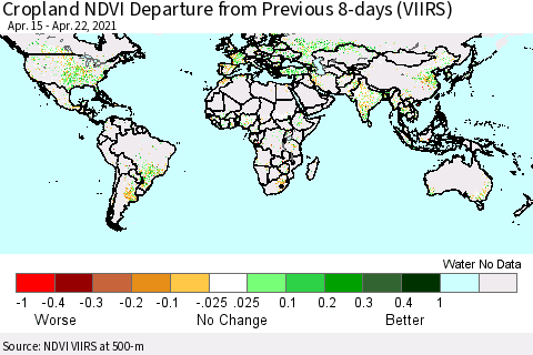 World Cropland NDVI Departure from Previous 8-days (VIIRS) Thematic Map For 4/15/2021 - 4/22/2021