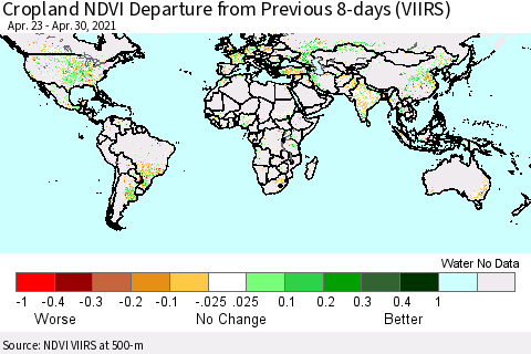 World Cropland NDVI Departure from Previous 8-days (VIIRS) Thematic Map For 4/23/2021 - 4/30/2021