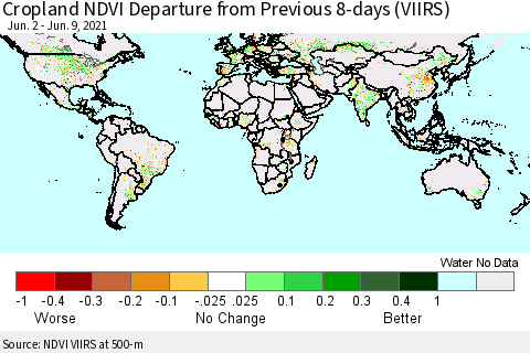 World Cropland NDVI Departure from Previous 8-days (VIIRS) Thematic Map For 6/2/2021 - 6/9/2021