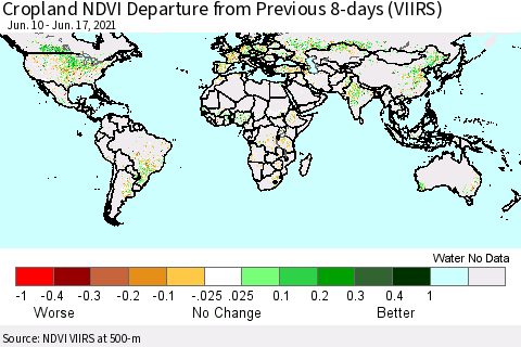 World Cropland NDVI Departure from Previous 8-days (VIIRS) Thematic Map For 6/10/2021 - 6/17/2021