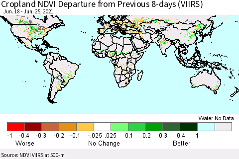 World Cropland NDVI Departure from Previous 8-days (VIIRS) Thematic Map For 6/18/2021 - 6/25/2021