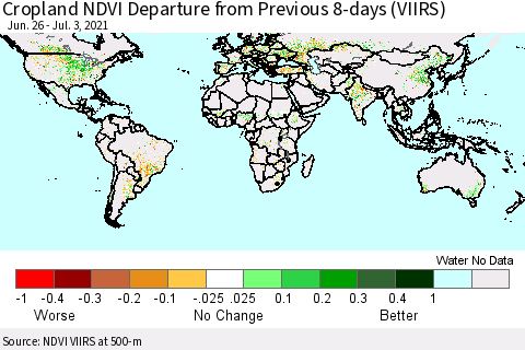 World Cropland NDVI Departure from Previous 8-days (VIIRS) Thematic Map For 6/26/2021 - 7/3/2021