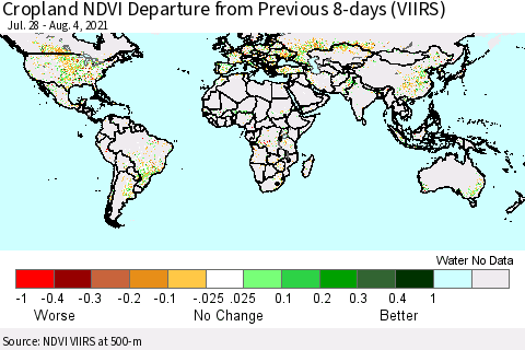World Cropland NDVI Departure from Previous 8-days (VIIRS) Thematic Map For 7/28/2021 - 8/4/2021