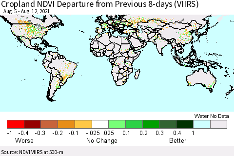 World Cropland NDVI Departure from Previous 8-days (VIIRS) Thematic Map For 8/5/2021 - 8/12/2021