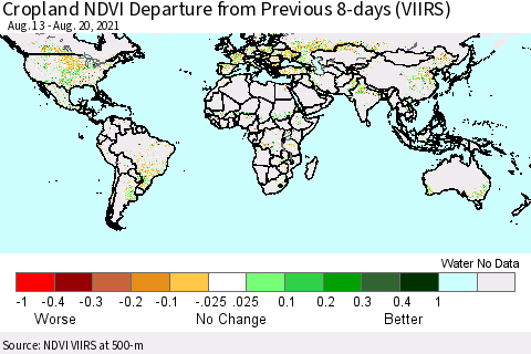 World Cropland NDVI Departure from Previous 8-days (VIIRS) Thematic Map For 8/13/2021 - 8/20/2021