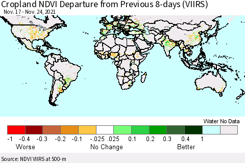 World Cropland NDVI Departure from Previous 8-days (VIIRS) Thematic Map For 11/17/2021 - 11/24/2021