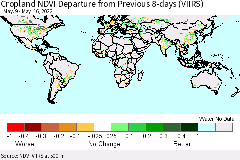 World Cropland NDVI Departure from Previous 8-days (VIIRS) Thematic Map For 5/9/2022 - 5/16/2022