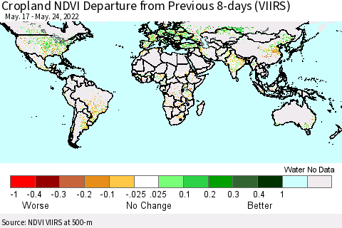 World Cropland NDVI Departure from Previous 8-days (VIIRS) Thematic Map For 5/17/2022 - 5/24/2022