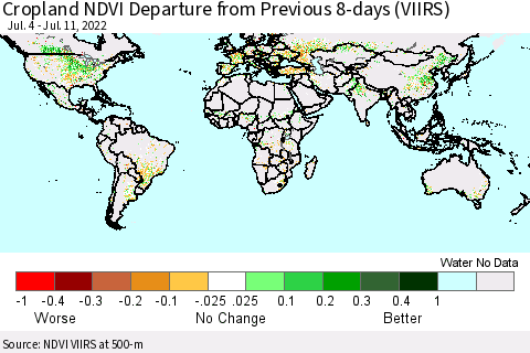 World Cropland NDVI Departure from Previous 8-days (VIIRS) Thematic Map For 7/4/2022 - 7/11/2022