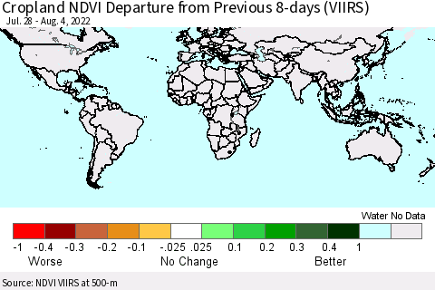 World Cropland NDVI Departure from Previous 8-days (VIIRS) Thematic Map For 7/28/2022 - 8/4/2022