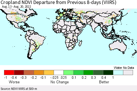 World Cropland NDVI Departure from Previous 8-days (VIIRS) Thematic Map For 8/13/2022 - 8/20/2022