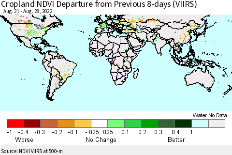 World Cropland NDVI Departure from Previous 8-days (VIIRS) Thematic Map For 8/21/2022 - 8/28/2022