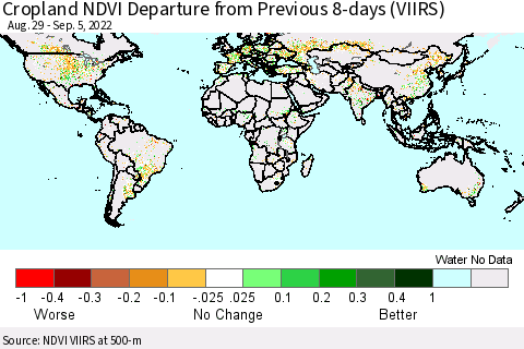 World Cropland NDVI Departure from Previous 8-days (VIIRS) Thematic Map For 8/29/2022 - 9/5/2022
