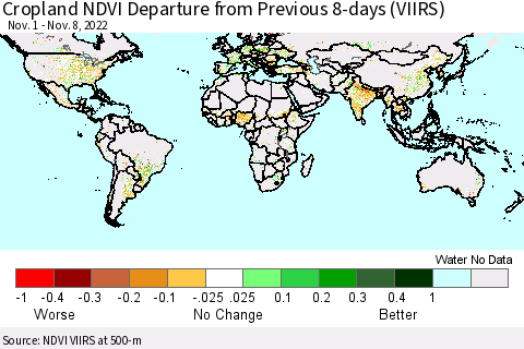 World Cropland NDVI Departure from Previous 8-days (VIIRS) Thematic Map For 11/1/2022 - 11/8/2022