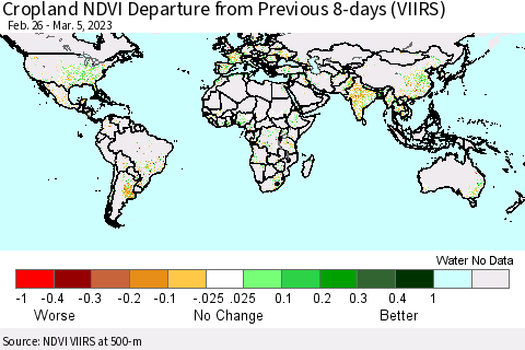World Cropland NDVI Departure from Previous 8-days (VIIRS) Thematic Map For 2/26/2023 - 3/5/2023